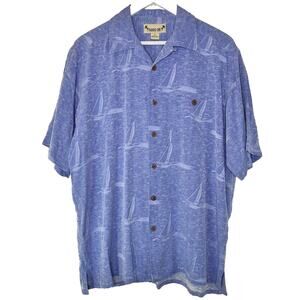 Paradise Cove Men's Hawaiian Shirt‎ M Blue 100% Silk Wood Button Resort Nautical